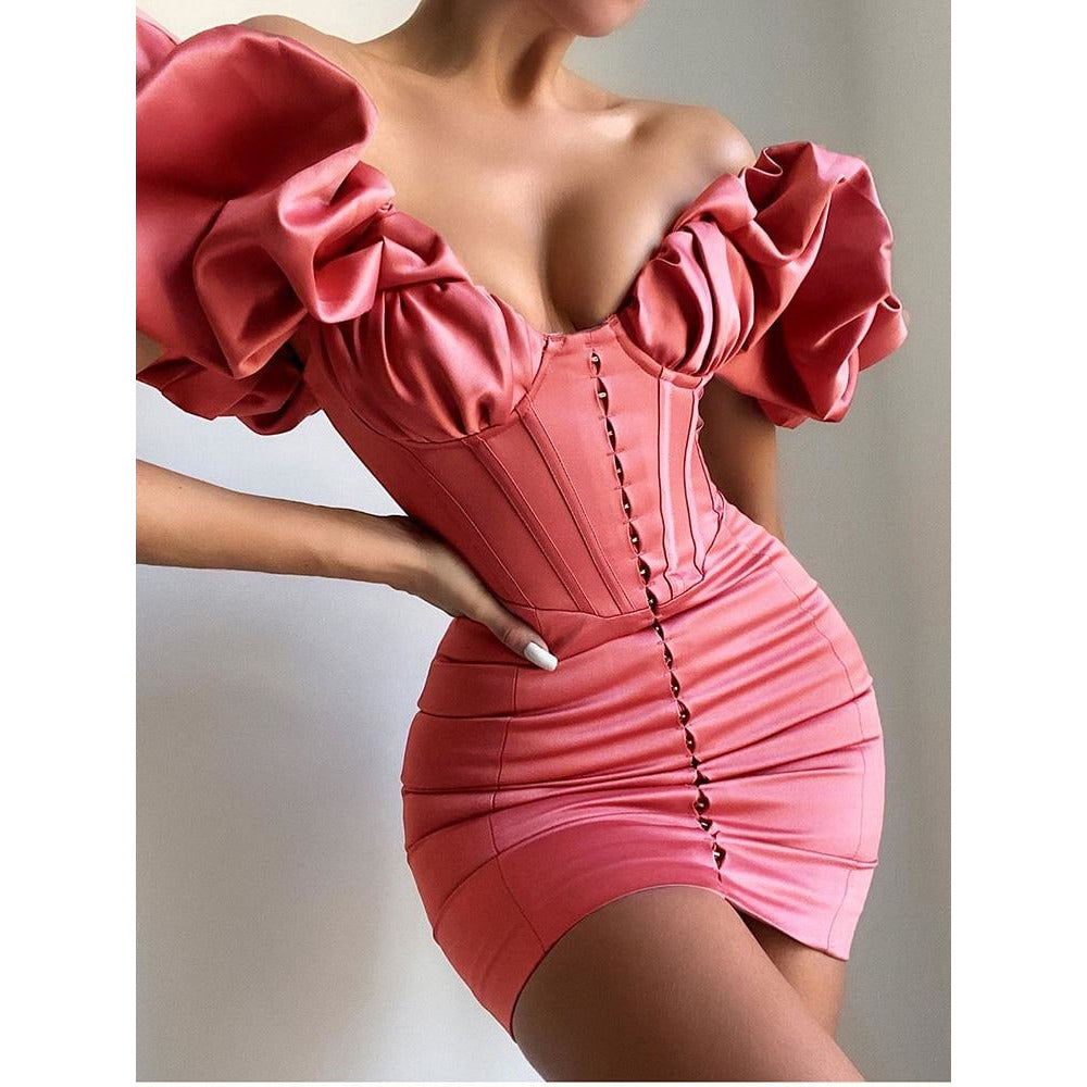 Rose Satin Corset Ruffle Bodycon Dress Mussecco